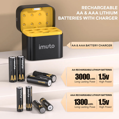 Imuto | 3000 mWh AAA Lithium Battery Set | 8-Pack Charger Slot